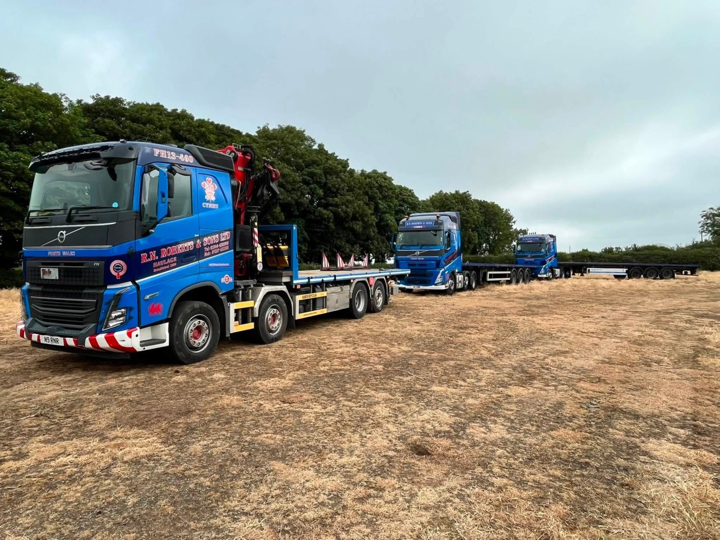 RN Roberts flatbed and HIAB fleet lined up in the field