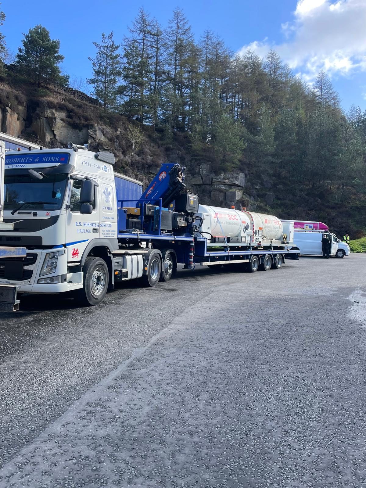 RN Roberts Hiab stepframe trailer for hire, North Wales